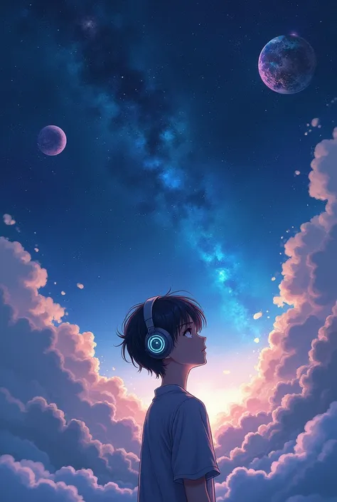 Anime boy listening music in  space