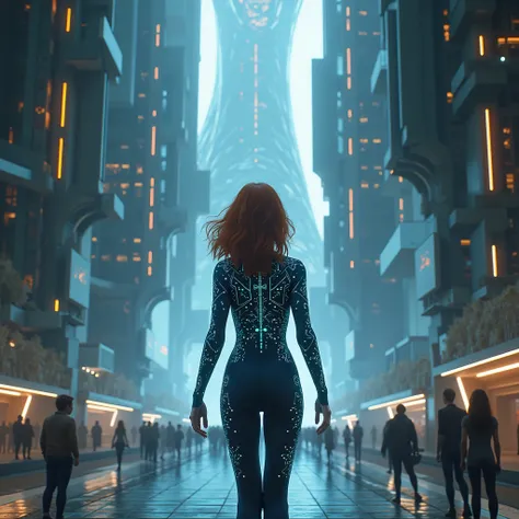 Visualize Emma as she approaches the core of the virtual city, where reality’s boundaries blur even further. Emma is depicted as a resilient young woman with shoulder-length, wavy auburn hair and vivid blue eyes, wearing a sleek, dark suit embedded with te...