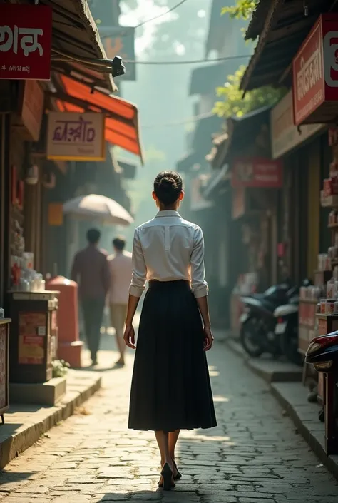 photorealistic, cinematic film poster of a women in white shirt, black skirt, bun hair entering a cosmetic shop in a long distance, mid day, Kalimpong main street