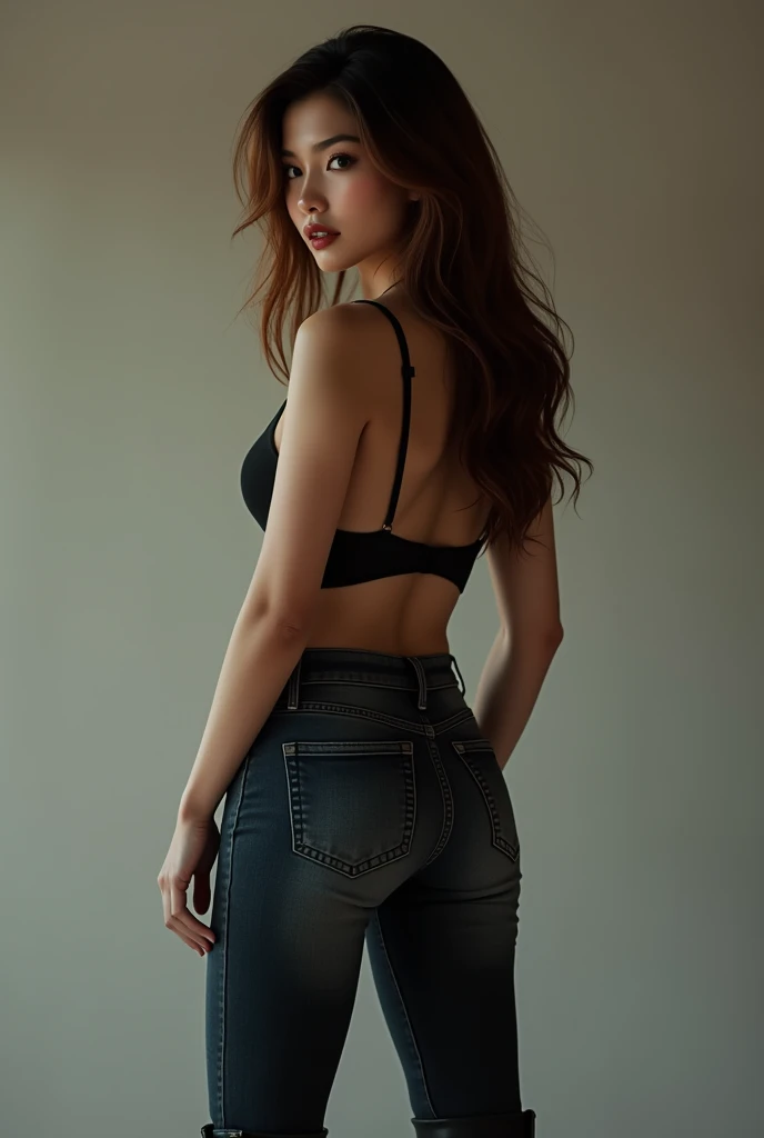 Asian girl wearing tight jeans and black boots. Look from behind. Looks at the camera. Hairnwith brown highlights.