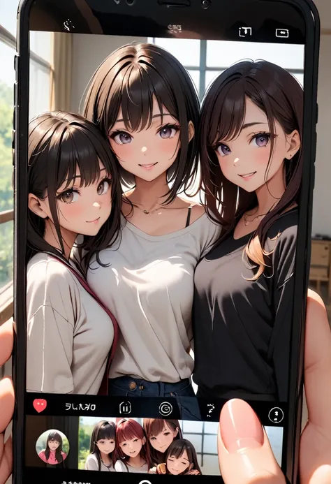 three women taking a selfie with a red phone, Smartphone Photos, taking a selfie, Taking photos, Young Japanese girl, Photo session, Selfie of a young woman, Smartphone Photos
