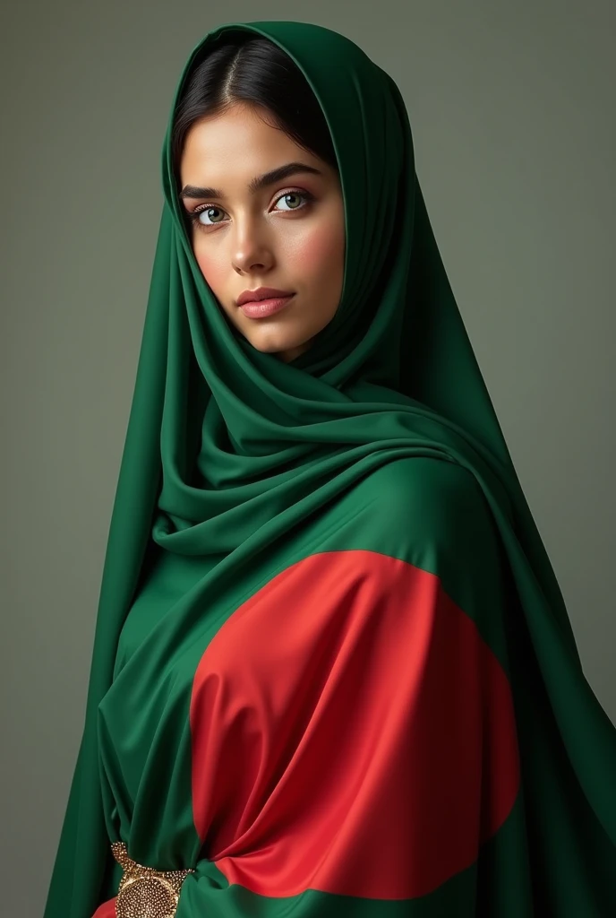 Beautiful girl she have white skin wareing saree and also waering hijab her eyes is beautiful her saree is green and red With full body Bangladeshi fLag  she have blue eyes She is wearing hijab