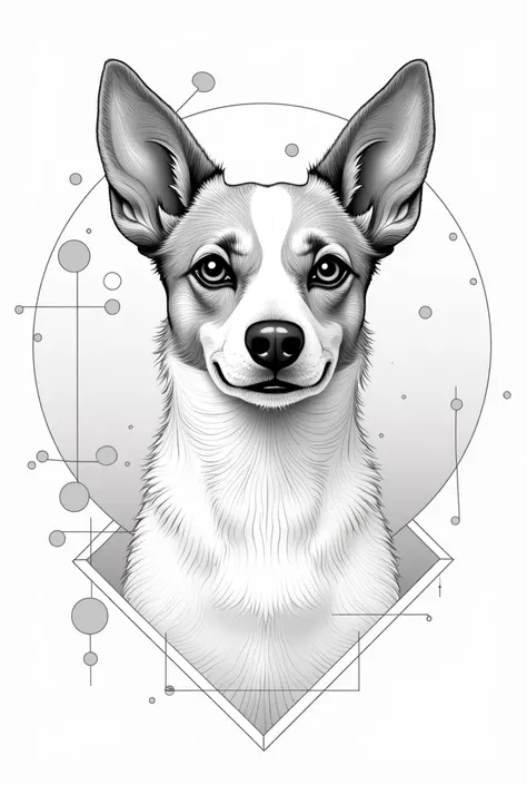 "Design a pet portrait using continuous line art combined with geometric shapes. Use a continuous line to draw the pet’s face, then integrate geometric elements like circles, triangles, or squares into the background or as part of the portrait. The style s...