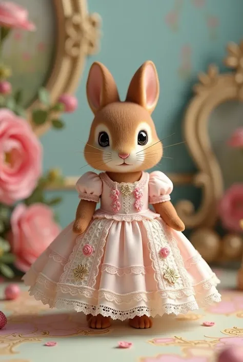 A Sylvanian Family toy with a Rococo style dress