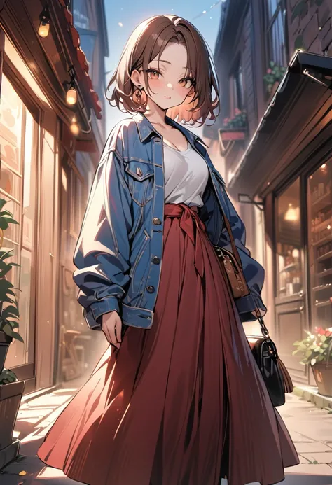 (masterpiece, best quality:1.5), (high resolution 8K), detailed eyes and face, detailed body, 
BREAK 1 girl, bob, center part, forehead, brown hair, piercing, brown eyes, medium breasts
BREAK Floral print long dress, denim jacket, sneakers, fringe bag, sun...