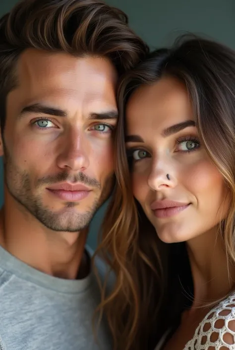 You can create an image of a twin man and woman with brown hair and light eyes