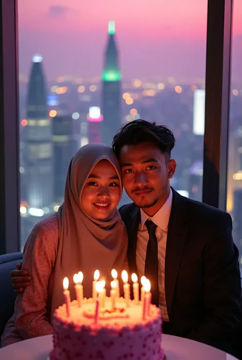 A photo of a birthday party in a skyscraper with city lights. There are two young people look at camera sitting closely together in front of a large birthday cake. The woman is wearing a hijab and a formal dress, while the man is wearing a suit. The cake h...