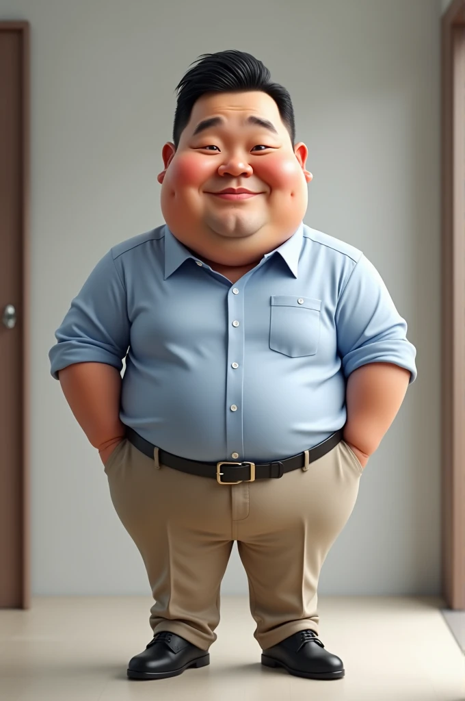 Realistic 4D caricature photo, big head, a middle-aged man with an Indonesian face, clean face, round face, neat short black hair, chubby body, wearing a light blue formal shirt,formal beige trousers, black leather shoes, standing pose facing forward, with...