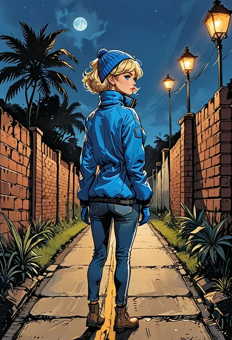 (((night))), dark, looks away, ((high brick fence)), ((tropics)),(palm), fullbody from the back, ((back view girl in Blue zipped up down winter jacket and black turtleneck )) and (((jeans))) and blue gloves and (((blue winter hat)))) ((walking)) on the roa...