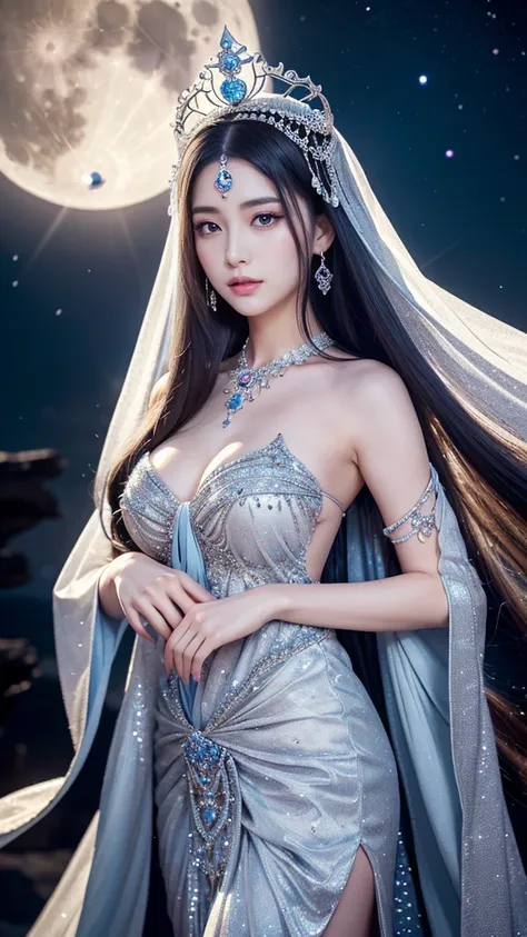 **Prompt:** Create an ultra-realistic 8K image of Tsukuyomi, the Japanese moon god, reimagined as the ultimate princess while retaining the deitys iconic features. Tsukuyomi is depicted with an ethereal, moonlit glow on her pale, flawless skin, her long, s...