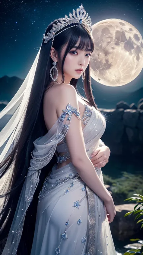 **Prompt:** Create an ultra-realistic 8K image of Tsukuyomi, the Japanese moon god, reimagined as the ultimate princess while retaining the deitys iconic features. Tsukuyomi is depicted with an ethereal, moonlit glow on her pale, flawless skin, her long, s...