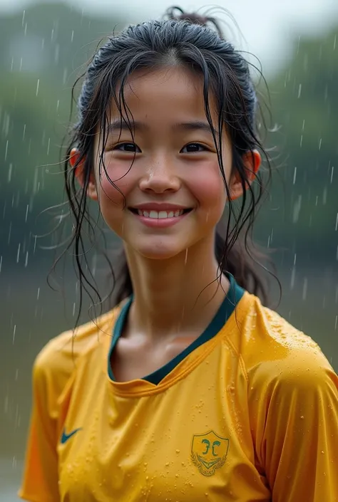 The girl wearing a jersey was wet with water but smiled sweetly




