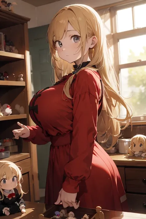 1 female, teenage girl, red long sleeve dress, blonde long hair, rosa cheeks, gothic home, playing a dolls, happy sad face, huge breast, hand