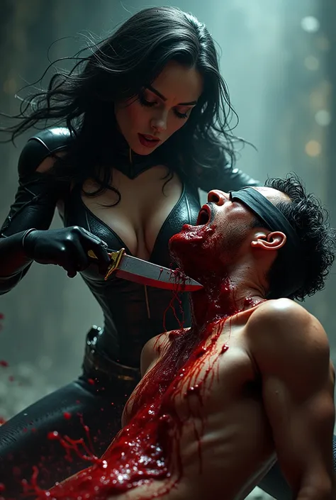 Realistic, A very beautiful dc girl knife, cut throat A boy blindfold neck bloody splash, full body, wide open throat, throat contents