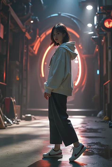 Masterpiece, 4K wallpaper, Masterpiece sci-fi cyberpunk city, fantasy sci-fi, neon glow lights city, ( Subject ( 1girl, A cute japanese women with beautiful hair, wearing an youth stylist oversized hoodie fashion, yellow, black and white stylist fashion, j...