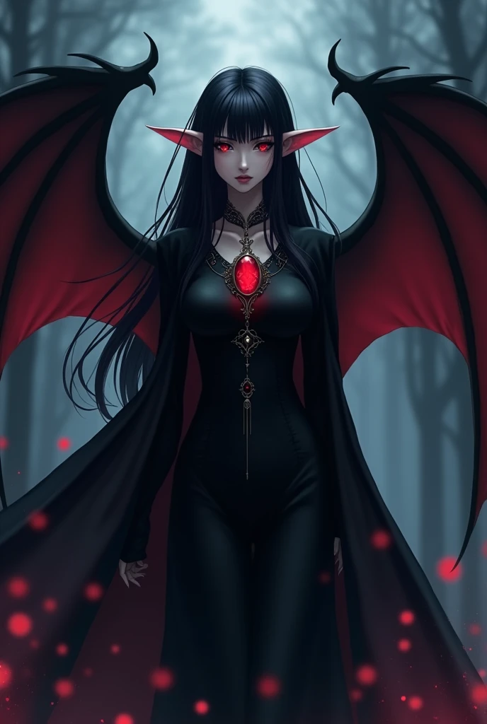 anime bat winged young woman alone, dark long hair, pointed human ears, wearing a pendant with red gemstone around her neck, wearing black cloak, Yu Yu Hakusho style anime
