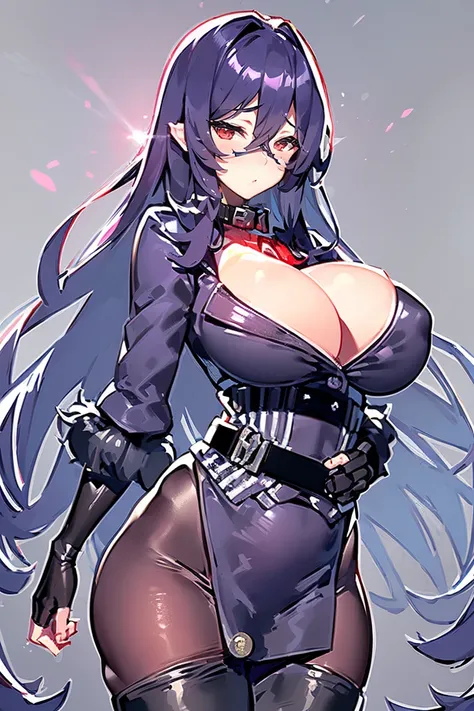 (masterpiece, best quality:1.2), 1girl, solo, dark blue hair, dark blue clothes, jacket, (((short loincloth))), cleavage cutout, ((((((collar, detachable collar)))))), sleeves, fur trim, arm tights, (((half sleeves, elbow gloves, fur trim. bare fingers glo...