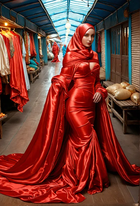 A woman shrouded in a 9-meter-long, plush red satin cloth, tightly bound and grandly draping along the form of her body, flowing off into a pooled floor-length train, styled in a mermaid-inspired outfit with ballon sleeve, her head modestly veiled in a sat...