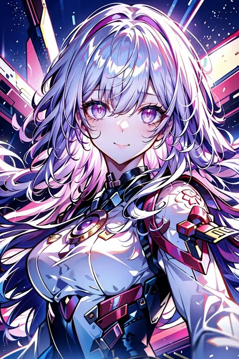 粉色的hair，Long hair，Gift from the Sky，Ikaros，(best quality, Detailed background, high resolution, ridiculous, bloom, disheveled hair, shiny hair, exposed to light, High and cold, Focused and meticulous gaze),Holy girl，粉色hair，Purple Eyes，Smile，1 girl with fac...