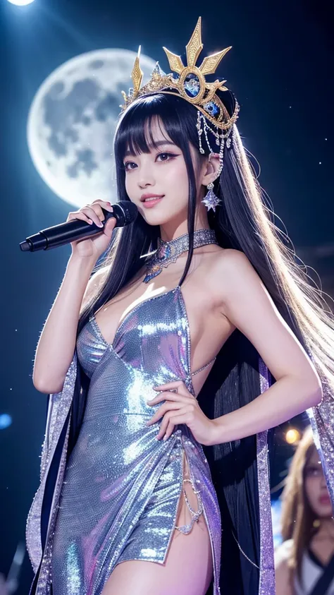 **Prompt:** Create an ultra-realistic 8K image of Tsukuyomi, the Japanese moon god, reimagined as the ultimate idol while retaining the deitys iconic features. Tsukuyomi is depicted with a captivating, ethereal beauty, her pale, moonlit skin glowing softly...