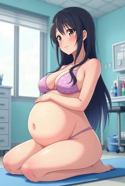 Hinata Hyuga pregnant with big  a big butt in the hospital doing yoga, bikini, panties, large belly, Big breasts, anime style, 
