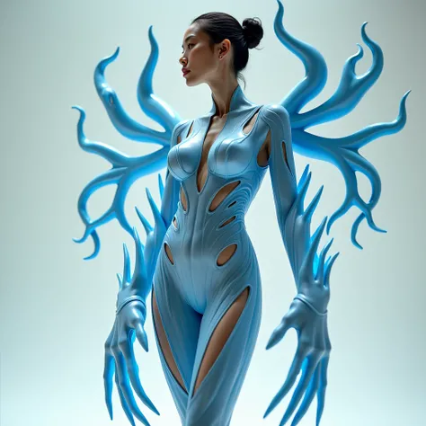 Clothing creative fashion design，Iris van Herpen designer style，Marine life curve，sense of lines，bone structure，Symmetrical design，Blue and white lines，Highlight sexiness，Japanese model，big breasts，Hot