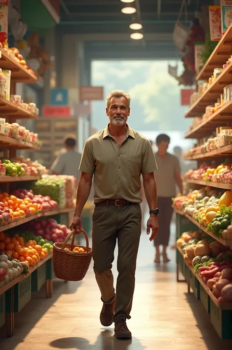 Create a man in grocery market with basket 