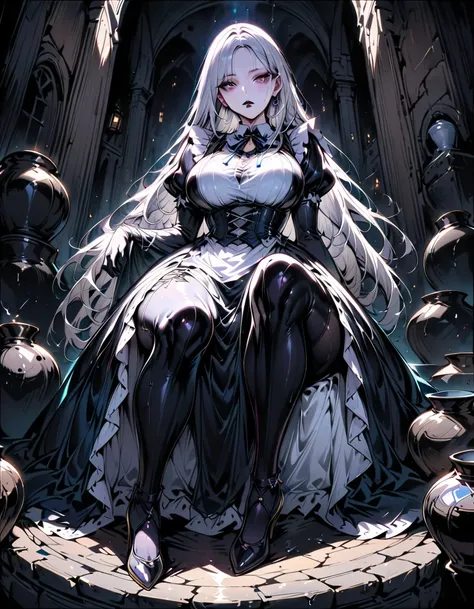 Young beautiful woman,(Highest quality,Extremely detailed depiction,Incredibly absurd high resolution,Anatomically accurate depiction,Curvy Legs,Shiny skin,Porcelain-like skin),(Black and white gothic maid outfit,Maid Skirt,corset,black tights,High heels),...