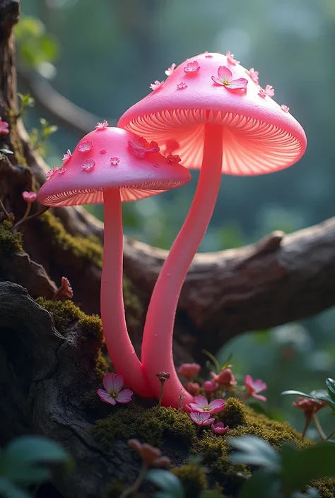 Two long, thin mushrooms growing，Long stem，The stem is long，It&#39;s squishy like jelly.，The color is pink，Growing from a fallen tree，