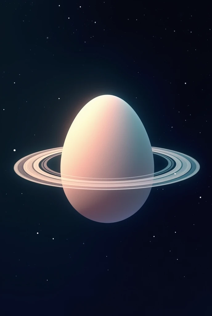 A pastel-colored egg-shaped planet with a horizontal and vertical ring crossed like roads, in a dark galaxy without clouds 