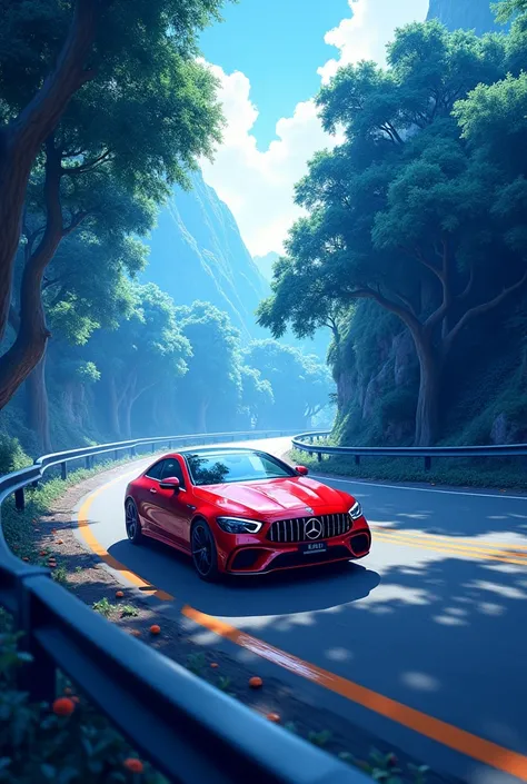 I want an image of red mersedes car with blue trees on sides of road
