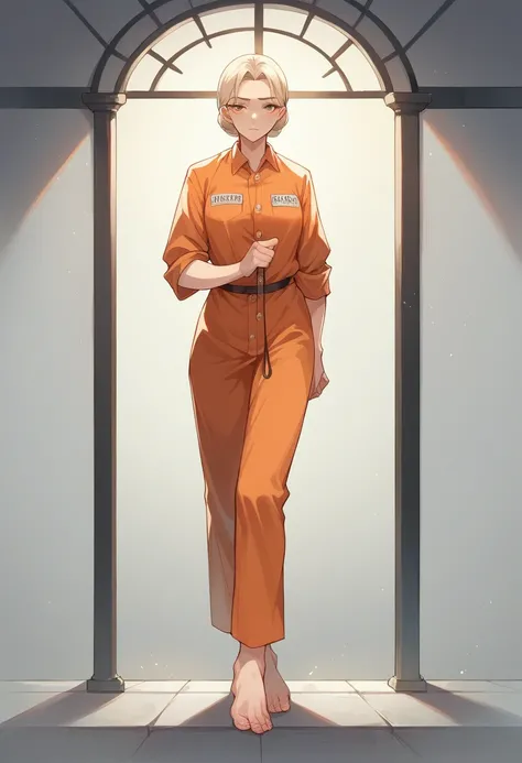 Anime beautiful black prisoner in orange prison clothes，Barefoot