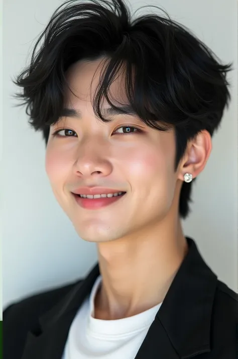 Young Korean  man idol with black hair and Makeup, Nose Blush, Smile, 