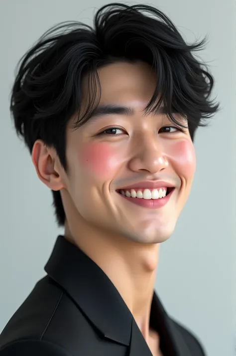 Young Korean  man idol with black hair and Makeup, Nose Blush, Smile, 