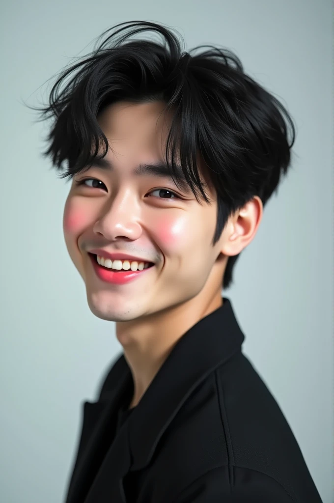 Young Korean  man idol with black hair and Makeup, Nose Blush, Smile, 