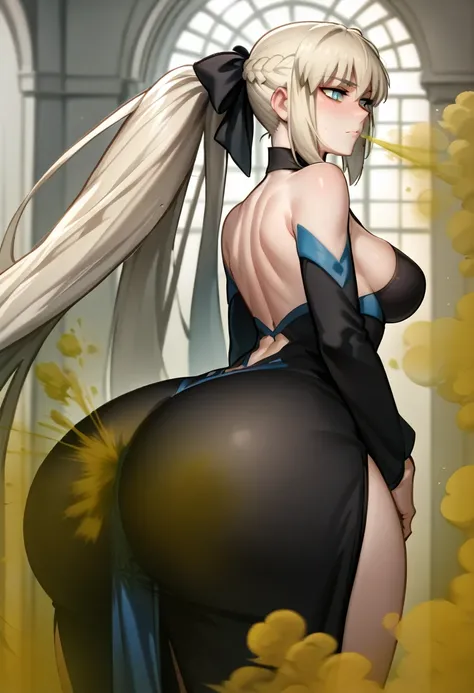 Highest quality, masterpiece, High Resolution, 1 girl,long hair, grey hair, blue eyes, very long hair, ponytail, black ribbon, hair ribbon, french braid, short dress, detached sleeves, cleavage, clothing cutout, detached collar, pelvic curtain, Ass, hyper ...