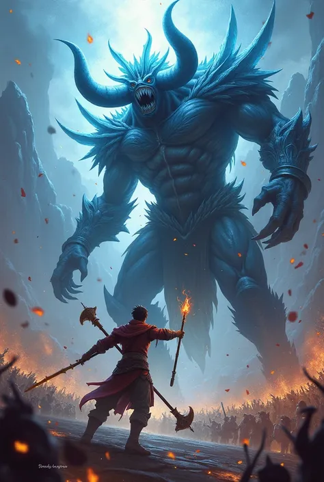 In an intense battle arena filled with roaring crowds, a young man stands on the edge of desperation. Markus, armed with a flame-imbued glaive, faces the Abominable Bulleater, a monstrous, ice-attuned behemoth towering over him. His body battered, mana fli...