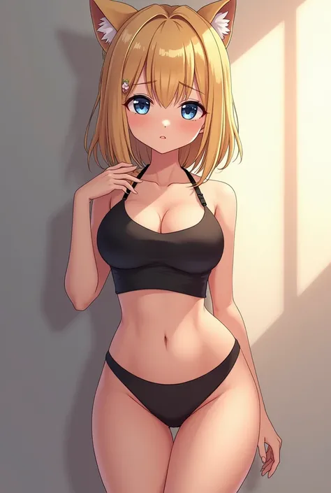 Anime girl with 0 figure and perfect boobs and perfect thighs and blonde hairs and blue eyes with wolf cut and her body in clothes are visible 
