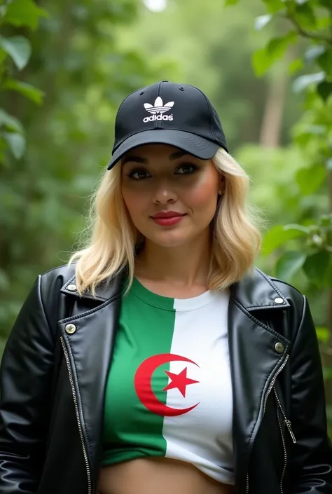 Close up, blonde, plump woman . Wearing a black leather coat, an Adidas hat, a T-shirt with the Algerian flag detailed and tailored in green and white, green nature background 