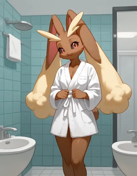 alone, score_9,score_8_up,score_7_up, anthro female lopunny, wearing bathrobe, bathroom, standing.