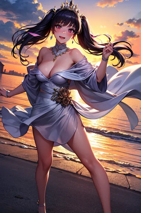 best quality, 8k, super fine illustration , extremely detailed CG ,masterpiece , medium breasts, blush, open-mouthed smile , 1 girl, , medium-long purple hair, low twintails, sparkling crimson eyes, silk off-shoulder dress, draped dress, off-shoulder, whit...