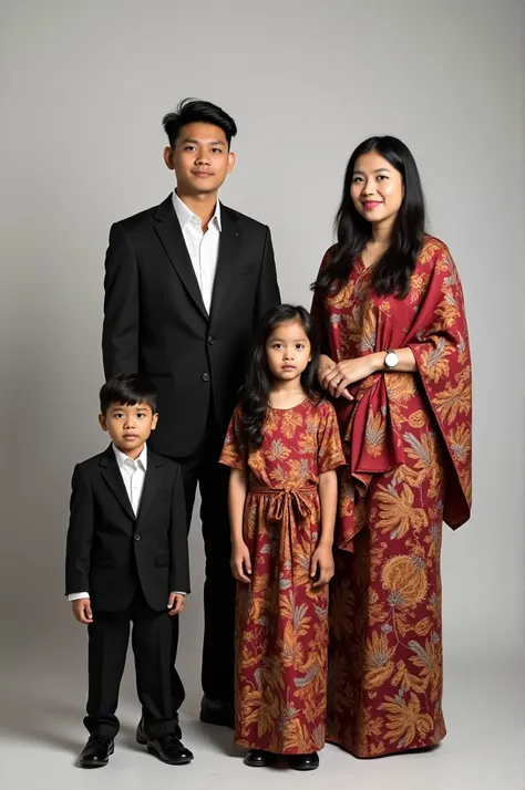 Portrait of young Indonesian man 18 years old wearing a suit and young Indonesian woman 1 wearing a kebaya and a  boy wearing a suit and a  girl wearing a kebaya sitting on a chair in a photo studio room