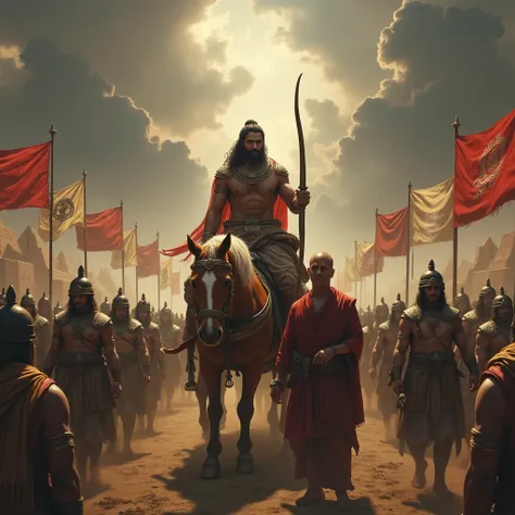 Create a powerful scene on a battlefield where Arjuna, with a distressed and conflicted expression, is standing in his chariot, gazing at the vast army of warriors, both friends and family members. Surround the battlefield with flags of different houses fl...