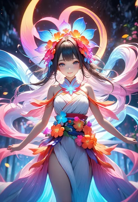 High quality, high resolution, 8K, Ultra HD, best proportion, young and cute Japanese woman, beautiful flowing colorful neon luminous bioflower forming a woman, full depth of field and realistic texture, inviting you to a fantasy world.