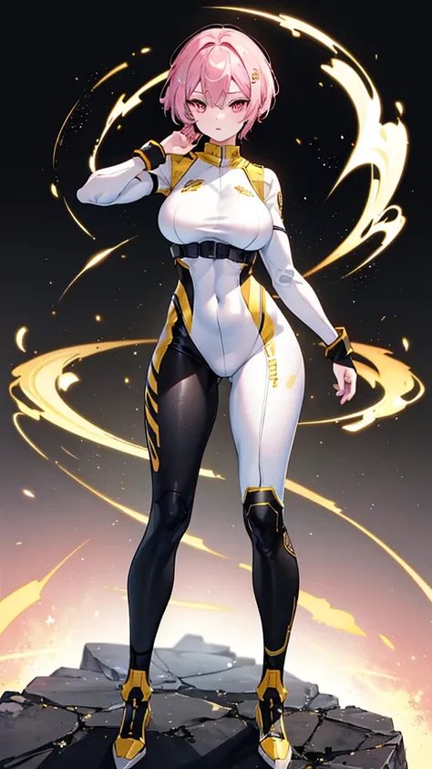 A athletic gorgeous woman, Normal breasts, Solo, White skin, Pink eyes, sidecut gold hair, wearing a skintight clothing army armor outfit with the colors white, black and gold, style super hero, standing, action pose, space uniform, Uniform tight to the bo...