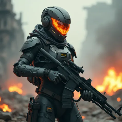 A full protective helmet mask made of smoke and flames, and futuristic high-tech battle armor，Sci-fi female space warrior，High-tech science fiction magical weapons，Tactical equipment，Shooting stance，Battlefield environment，Art Photography