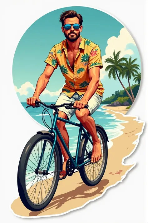 Vector image sticker of a guy in beach dress riding bike side view