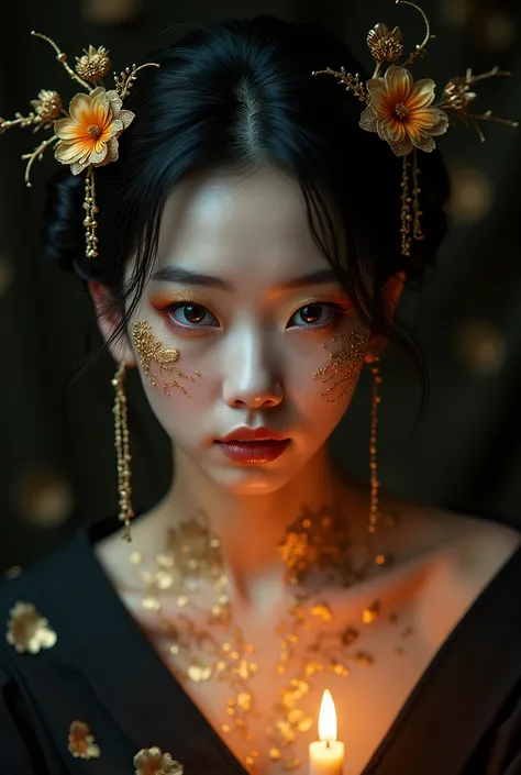 A realistic photo of a beautiful Japanese woman with porcelain skin wearing an elaborate golden hairpin with a delicate pattern of branches and flowers in her dark hair. She wears dramatic makeup with gold eyeshadow, deep purple eyeliner and deep orange li...