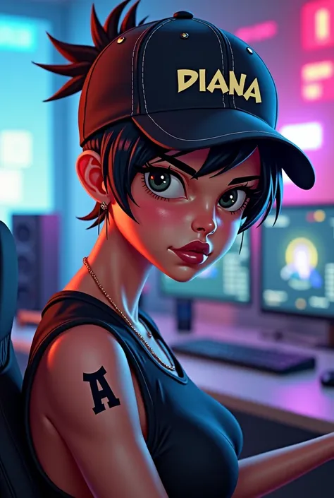 Gamer girl with short tomboy hair wearing a cap that says Diana