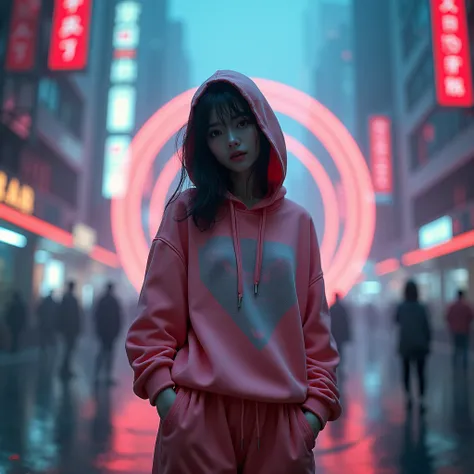 Masterpiece, 4K wallpaper, Masterpiece sci-fi cyberpunk city, fantasy sci-fi, neon glow lights city, ( Subject ( 1girl, A cute japanese women with beautiful hair, wearing an youth stylist oversized hoodie fashion, yellow, black and white stylist fashion, j...